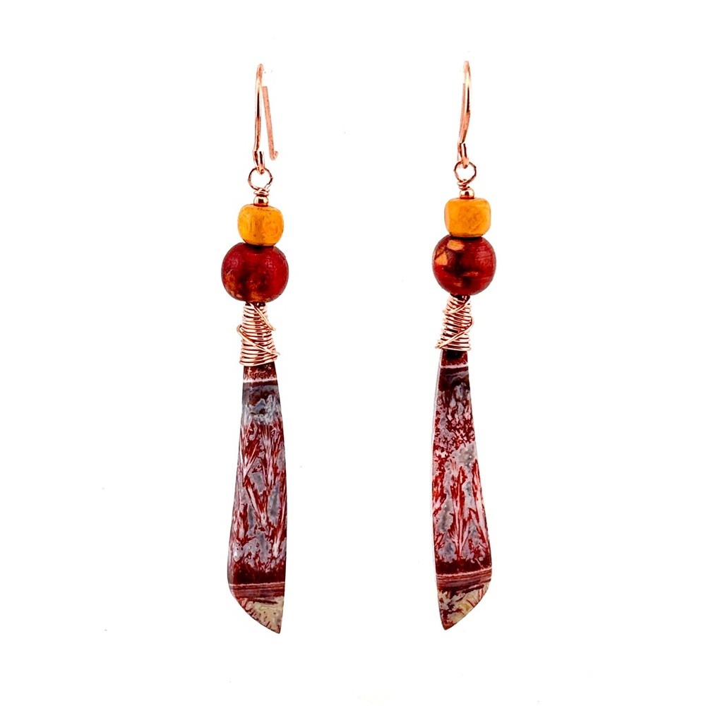 HANDMADE Petrified Palm Wood and Copper Dangle Earrings, Artisan Jewelry Gift